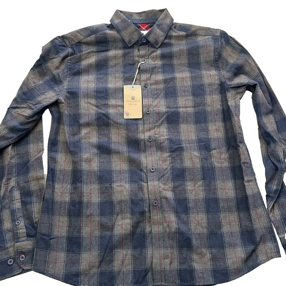 Steel & Jelly Flannel Button Shirt Mens L Gray‎ Plaid Long Sleeve Collared NWT